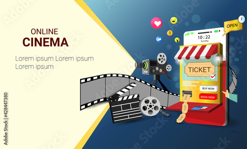 online cinema on website or Mobile Application with  movie projector and Disc with movie reel film-strip. Ticket movie online on website. concept for cinema, mobile cinema and online booking. 