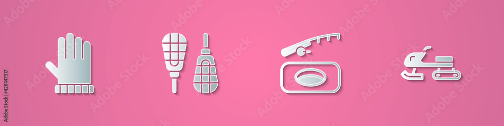 Obraz premium Set paper cut Christmas mitten, Snowshoes, Winter fishing and Snowmobile icon. Paper art style. Vector