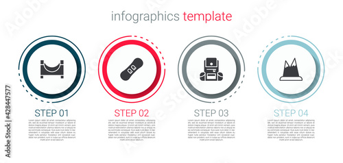 Set Skate park, Snowboard, Hiking backpack and Mountains. Business infographic template. Vector