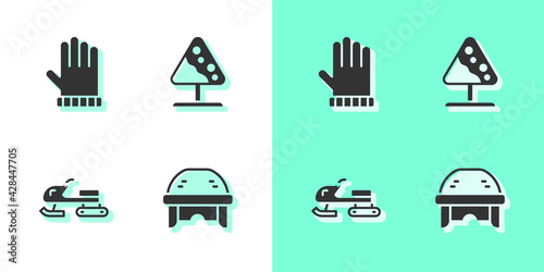 Set Hockey helmet, Christmas mitten, Snowmobile and Road sign avalanches icon. Vector