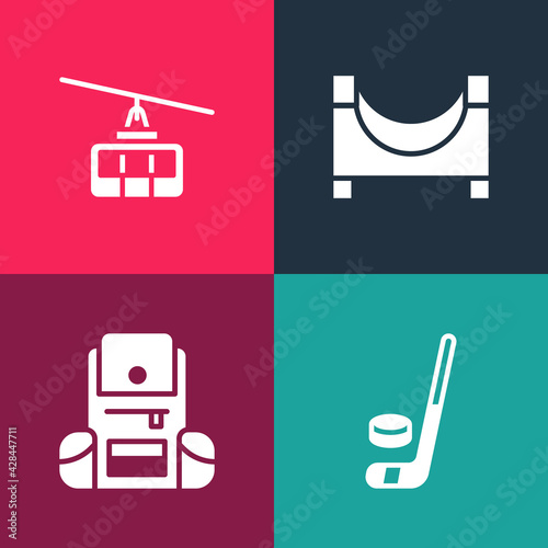 Set pop art Ice hockey stick and puck, Hiking backpack, Skate park and Cable car icon. Vector