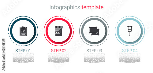 Set Medical prescription, Medicine bottle and pills, Pillow and Crutch or crutches. Business infographic template. Vector