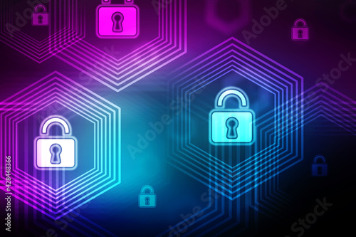 2d illustration safety concept: Closed padlock icon on digital data background. Geometric background with a gradient of blue and purple colors, polygonal frames.