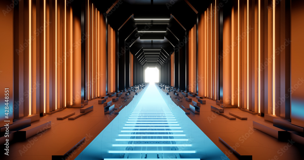 Fototapeta premium 3d rendering orange and blue neon sci fi corridor background.