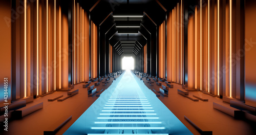 Fototapeta Naklejka Na Ścianę i Meble -  3d rendering orange and blue neon sci fi corridor background.