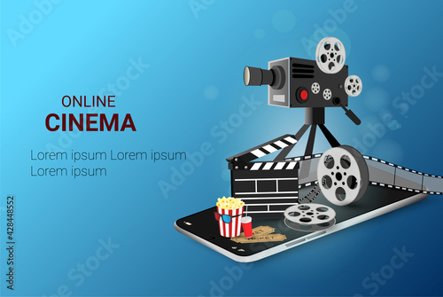 Online cinema art movie poster design with  movie projector and Disc with movie reel film-strip. cinematography concept. Online Movie Time. Ticket Ordering. vector illustration