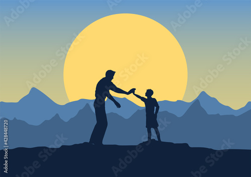 Fathers day background with silhouette of father and son
