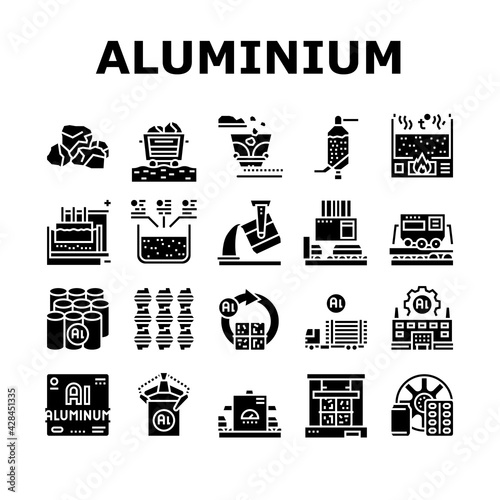 Aluminium Production Collection Icons Set Vector. Processing Of Aluminium Production And Factory, Pressing And Manufacture, Transportation And Carrying Glyph Pictograms Black Illustrations
