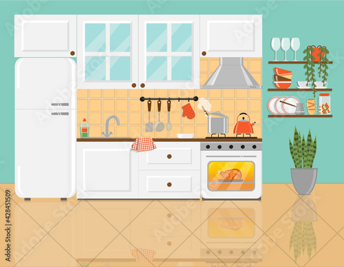 Cozy kitchen with white furniture, glass cupboard, refrigerator, shelfs, plants and food on gas stove and inside the oven. Kitchen interior with glazy floor. Flat vector illustration.