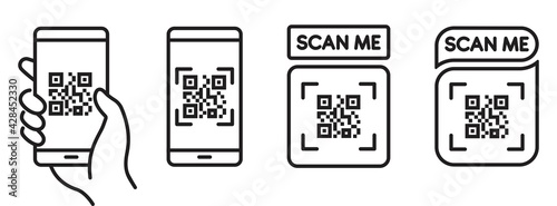 QR code scan icon with smartphone, scan me barcode sign, Vector illustration.	 photo