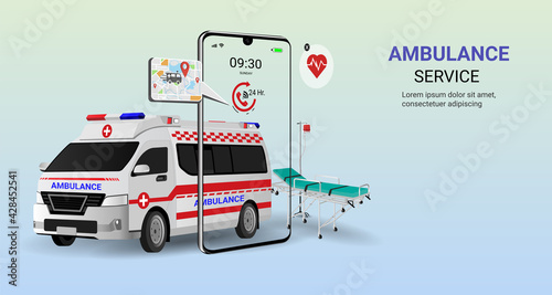 Ambulance emergency service online on mobile application with ambulance car, stretcher and medical equipment. On call 24 Hr. Healthcare and medical. Digital health concept. 3D vector illustration