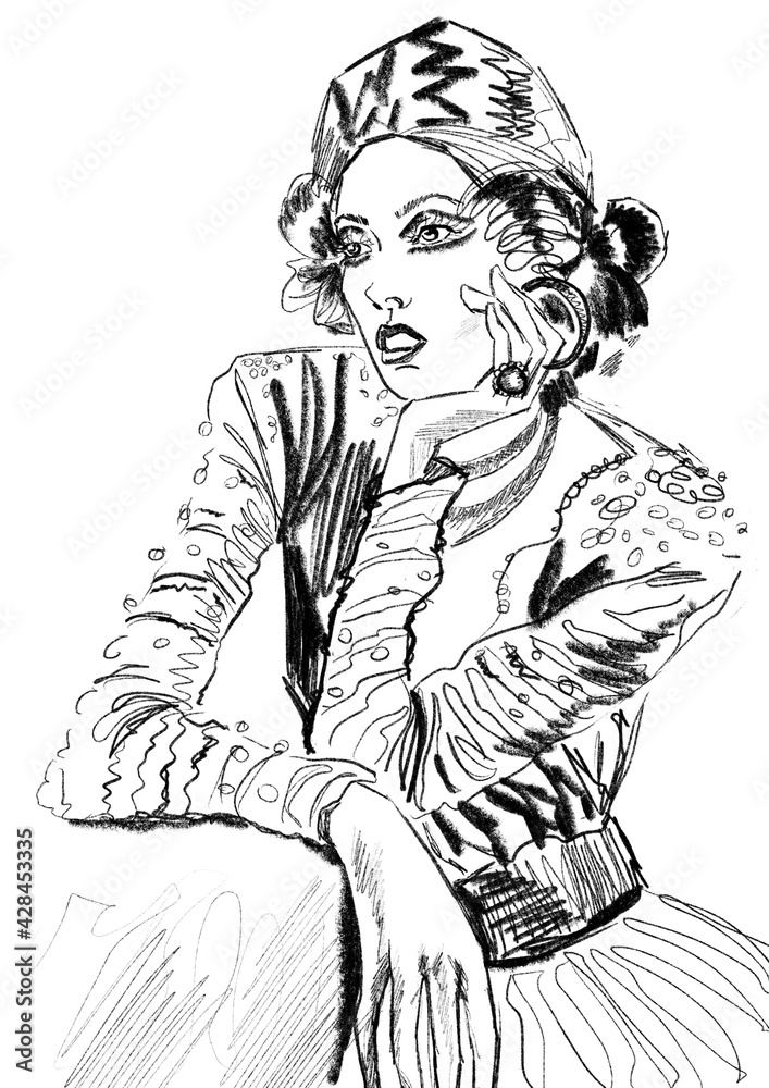 Hand-drawn fashion illustration of imaginary glamour grotesque model actress in a sequin dress, with curly hairstyle, in a beret hat, with an extraordinary makeup. Black white drawing. Color book Hand-drawn fashion illustration of imaginary glamour grotesque model actress in a sequin dress, with curly hairstyle, in a beret hat, with an extraordinary makeup. Black white drawing. Color book