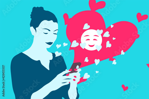 Mobile phone love and dating concept. Girl holding mobile phone, romantic message. Woman with smartphone searching for romantic partner online. Flat illustration.