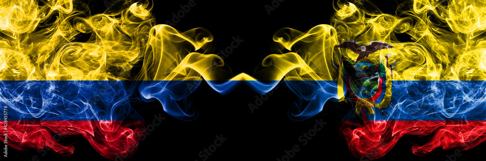Colombia, Colombian vs Ecuador, Ecuadorian smoky mystic flags placed side by side. Thick colored silky abstract smokes flags.