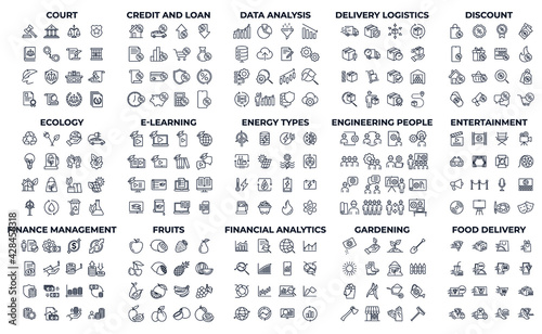 240 modern thin line icons. High quality pictograms. Linear icons set of Energy Types, Engineering People, Entertainment, etc symbol template for graphic and web design collection logo vector