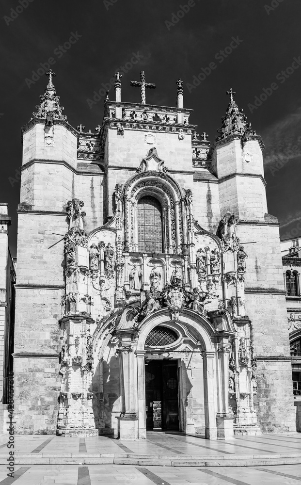 Baroque facade entrance of the Santa Cruz Momastery in Coimbra, Portugal