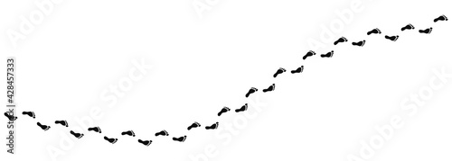 Step footprints paths. Silhouette of human footprints of bare feet, male and female, route from footprints. Footsteps footprint trekking route. Footsteps print route. Vector illustration