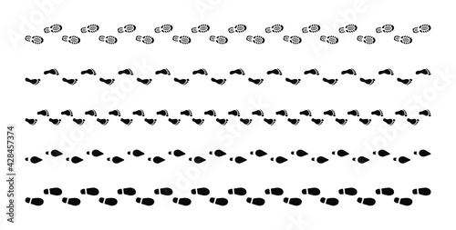 Set of human footprints isolated on white background. Step footprints paths. Footstep prints and shoe steps. Male and female footprints. Shoe tread footprints. Baby foot marks. Vector