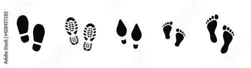 Collection of footprints shoes human walking and shoe sole feet footsteps people. Foot print, set with shoes bare feet and boot print. Paws people. Human footprints icons. Vector illustration
