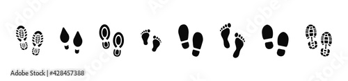 Collection of footprints shoes human walking and shoe sole feet footsteps people. Foot print, set with shoes bare feet and boot print. Paws people. Human footprints icons. Vector illustration