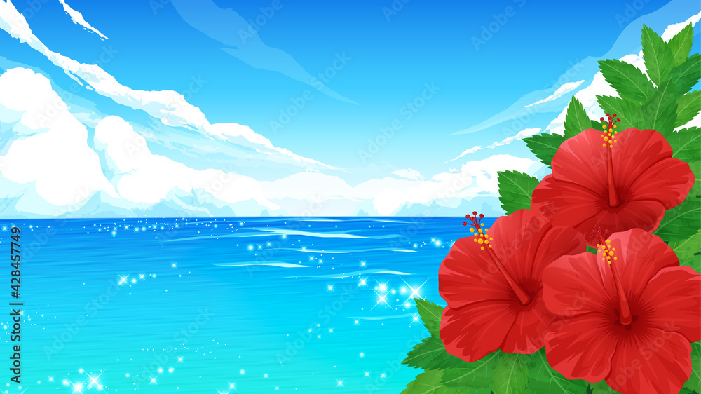ハイビスカスの花と海の風景の背景イラスト 16 9 Stock Vector Adobe Stock