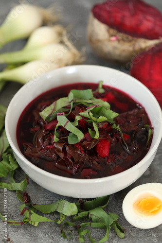 Polish beetroot soup with egg (borsch)