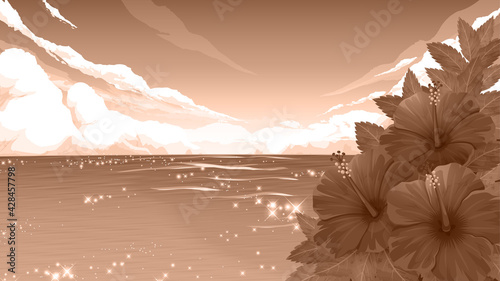 ハイビスカスの花と思い出の海の風景_背景イラスト_セピア_16:9