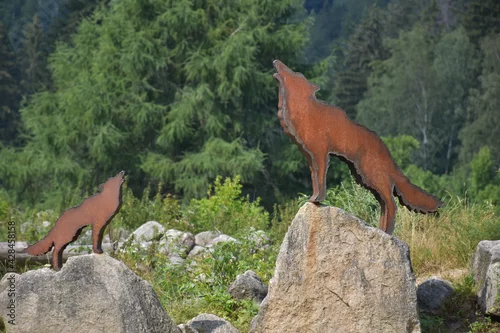 Fototapeta samoprzylepna wilki na kamieniach w lesie 