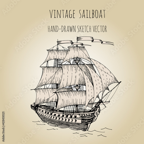 Old, vintage sailboat. Vector hand drawn sketch.