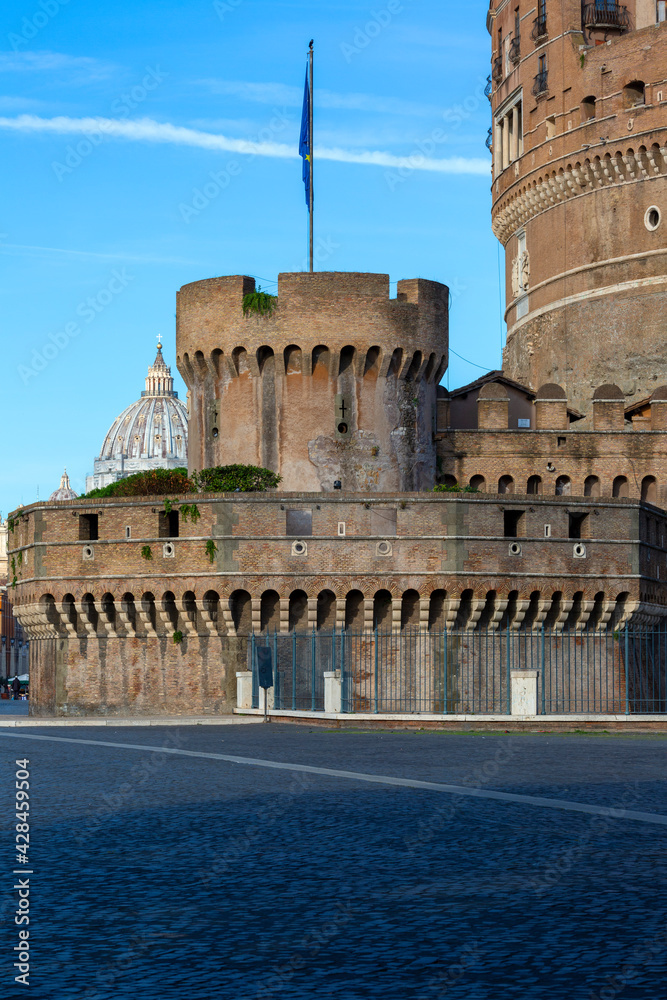 Rome, Italy - October 9, 2020: 2nd century Castle of Saint Angel, mausoleum of Roman Emperor Hadrian, towering cylindrical building, located on the banks of the Tiber River
