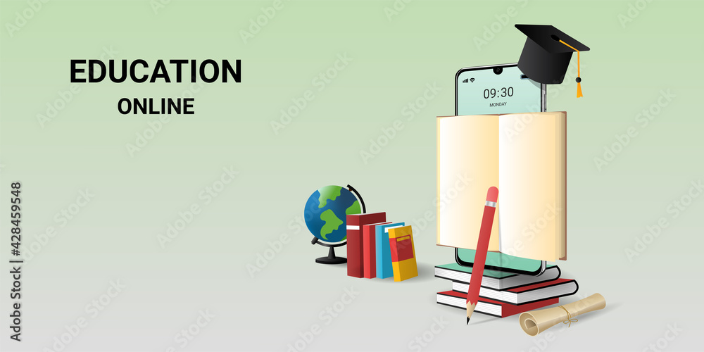 Online education on website and mobile website with book smartphone electronic library. E-learning, Digital Library, Learning Online at Home. vector illustration