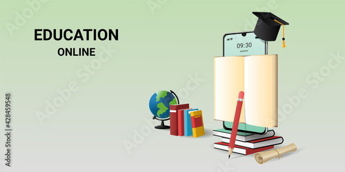 Online education on website and mobile website with book smartphone electronic library. E-learning, Digital Library, Learning Online at Home. vector illustration