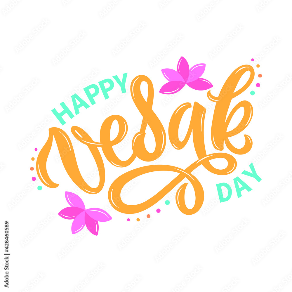 Happy Vesak Day handwritten text. Modern brush calligraphy, hand lettering. Template for postcard, invitation card, banner, greetings, poster, print. Isolated on white background. Vector illustration