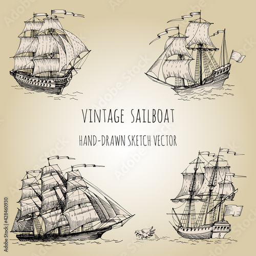 Set of vintage sailboats. Clipper, caravel, brigantine. Vector  Hand drawn sketch.  Detail of the old geographical maps of sea