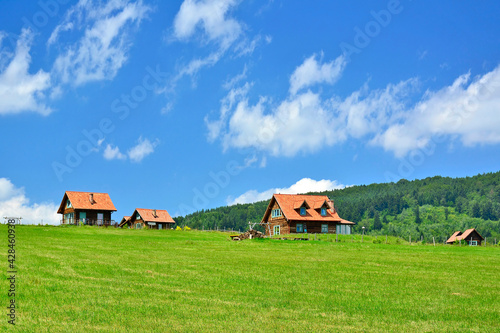 Summer country landscape and blue sky with white clouds.
Small holiday village under the mountain.