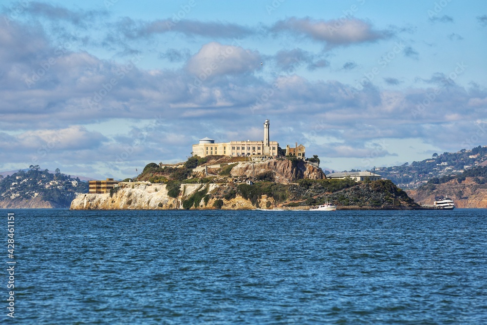 panoramic landscape view of Alcatraz Prison Island in San Francisco, California, USA