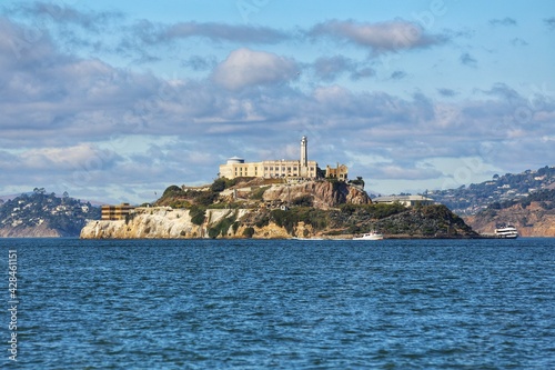 panoramic landscape view of Alcatraz Prison Island in San Francisco  California  USA