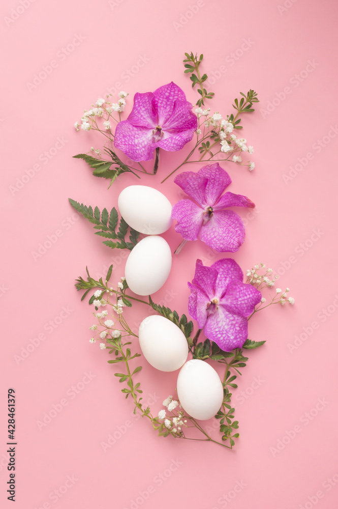White eggs in pink pastel composition. Very flowerfull and inspiring. White eggs in pink pastel composition. Very flowerfull and inspiring.