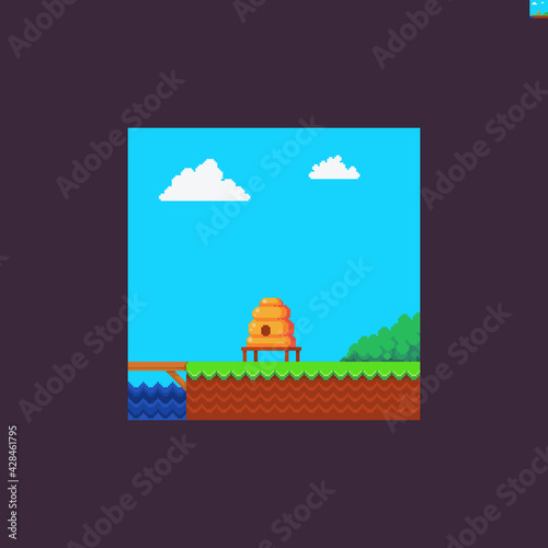 Pixel art scene with water, sky and clouds, bush, grass and soil, beehive