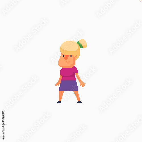 Pixel art female character with blonde hair in bright outfit