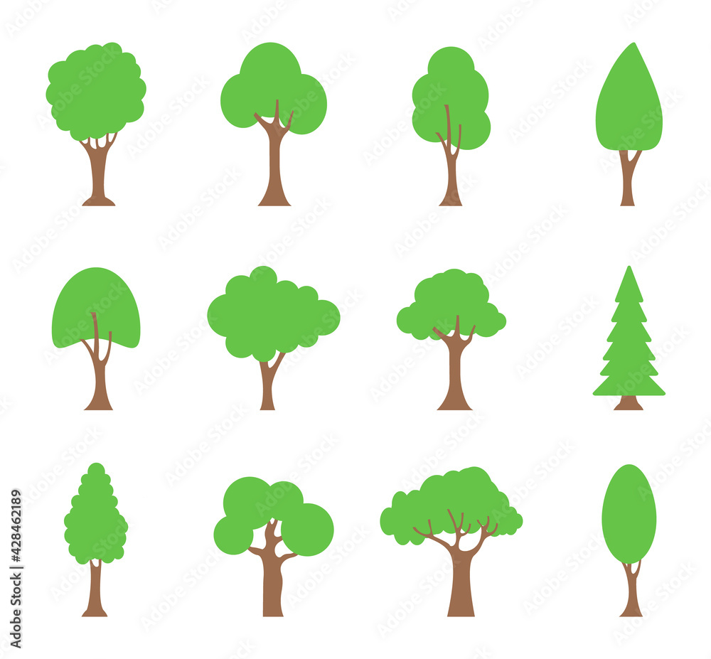 Fototapeta premium Set of flat trees. Collection green tree icons. Vector illustration.