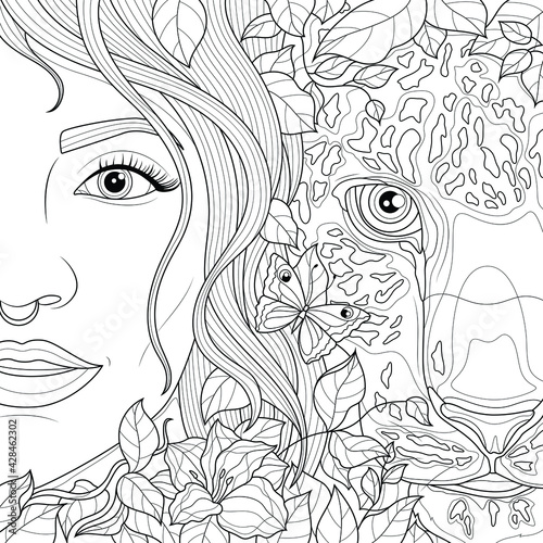 Girl and leopard.Coloring book antistress for children and adults. Illustration isolated on white background.Zen-tangle style. Hand draw