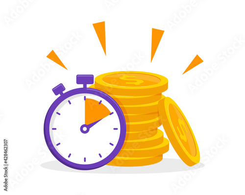Time is money concept with coins stack and stopwatch. Quick loan. Time money saving. Timer and finance. Quick money. Vector illustration in flat style.