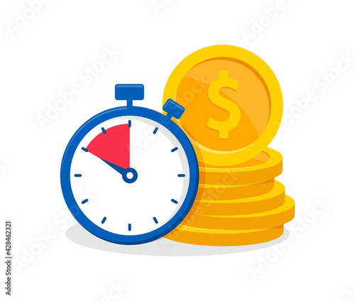 Time is money concept with coins stack and stopwatch. Quick loan. Time money saving. Timer and finance. Quick money. Vector illustration in flat style.