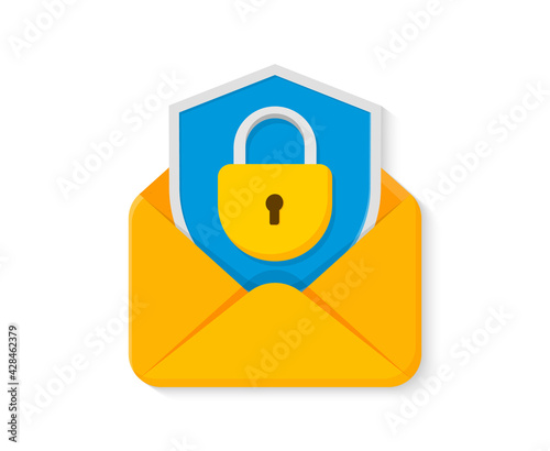 Secure mail flat icon. Email security concept with envelope, shield and lock. Data protection. Vector Illustration.