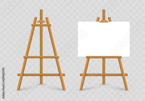 Empty canvas on wooden easel. Wooden brown easel. Blank art board. Mock up white canvas for painting. Easel with horizontal poster. Space for your text and design advertising.