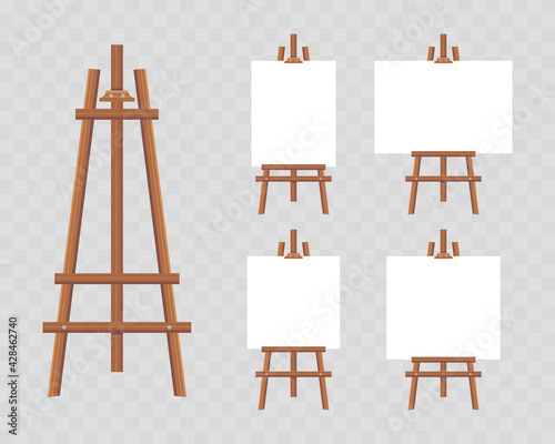 Wooden brown easels with empty canvas. Easels with horizontal, vertical and square paper posters. Blank art board. Space for your text and design advertising.