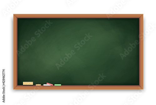 Realistic green blackboard in wooden frame. Wiped dirty chalkboard. Blank clasroom board with chalk pieces and sponge. Space for advertising text and restaurant menu. Vector illustration.