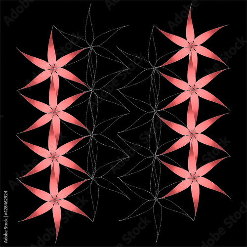 Abstract illustration of  pink and white geometric star-based flowers  on a black background