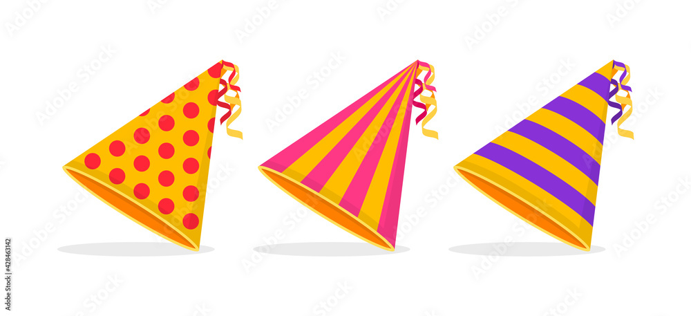 Obraz premium Party hats in flat design. Colorful cone hats for birthday, celebration, party and holiday. Vector illustration.